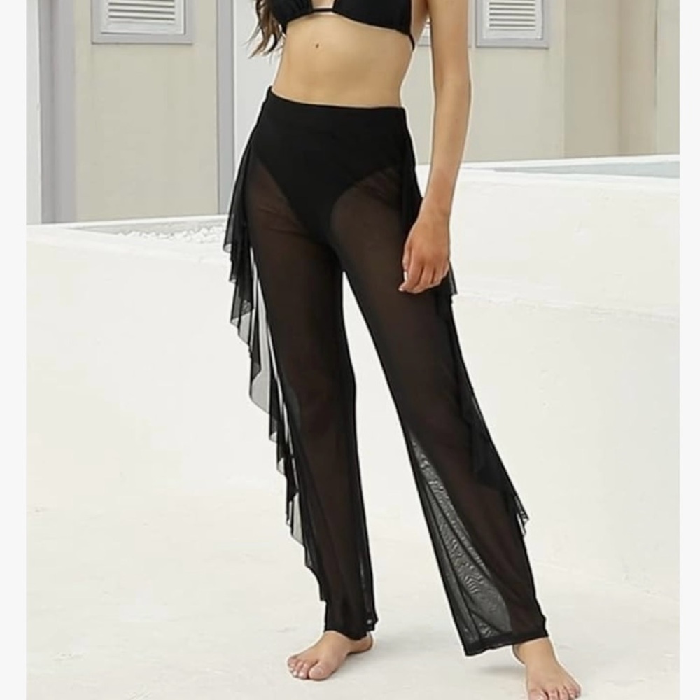Ruffle Sheer Mesh Swimwear Bikini Cover Up Pants See Through Medium